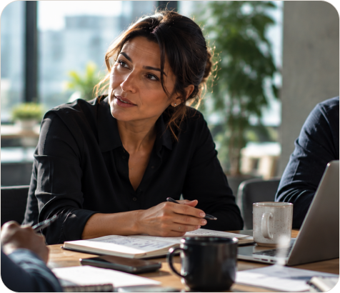 Team members in a meeting discussing a business challenge, representing an adaptive response in progress.